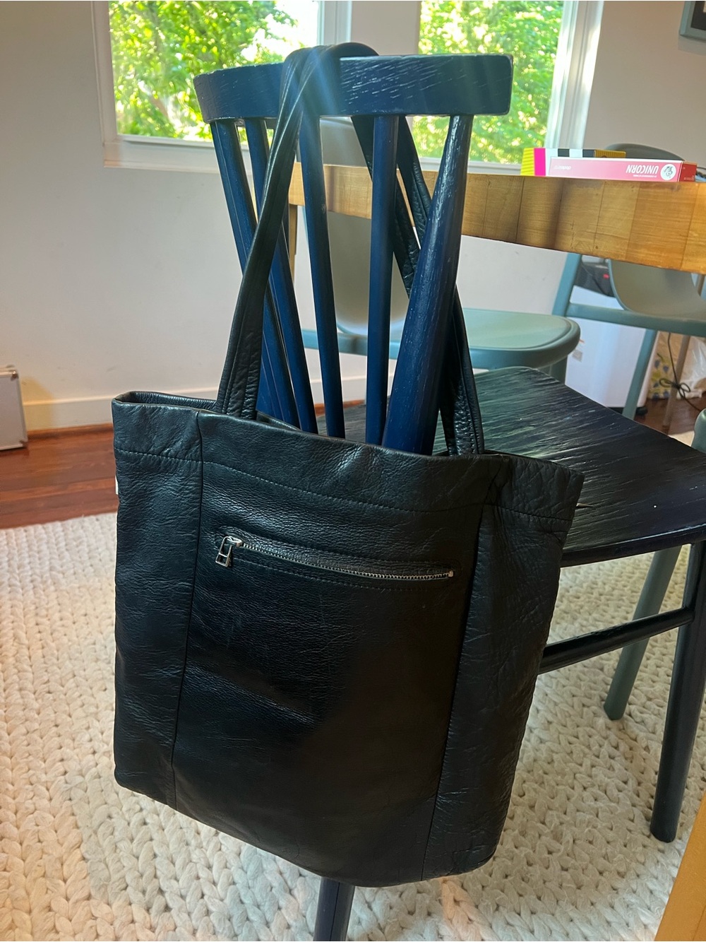 Japanese Tazune Black Leather Zip-Front Tote Bag